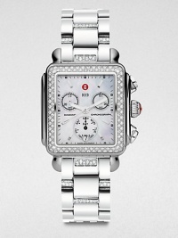 From the Deco Collection. A sparkling diamond accented timepiece with technical features in sleek stainless steel. Swiss quartz movementWater resistant to 5 ATMRectangular stainless steel case, 33mm (1.3) X 35mm (1.4)Diamond encrusted bezel, .66 tcwMother-of-pearl chronograph dialBar and dot hour markersDate display at 6 o'clockSecond hand Diamond accented stainless steel link bracelet, .2 tcw, 18mm (0.7)Imported