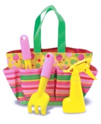 How does your garden bloom? They'll be eager to find out with their very own 4-piece garden tool set from Melissa and Doug, complete with a trowel, cultivator, spray bottle and tote to organize it all. How does your garden bloom? They'll be eager to find out with their very own 4-piece garden tool set from Melissa and Doug, complete with a trowel, cultivator, spray bottle and tote to organize it all.