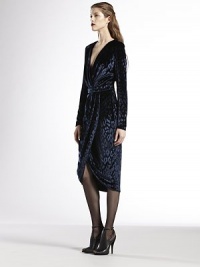 Velvet v-neck wrap dress in prussian blue with animalier effectSurplice necklineLong sleevesBanded waistConcealed back zip70% viscose/30% silkDry cleanMade in Italy of imported fabricModel shown is 5'11 (180cm) wearing US size 4. Velvet v-neck wrap dress in prussian blue with animalier effectSurplice necklineLong sleevesBanded waistConcealed back zip70% viscose/30% silkDry cleanMade in Italy of imported fabricModel shown is 5'11 (180cm) wearing US size 4.