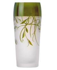Silhouetted vines unfurl from a band of green on this softly frosted crystal vase, bringing a fresh hint of the outdoors in. Its simple, rounded shape is etched for earthy allure with or without a bouquet. Silhouetted vines unfurl from a band of green on this softly frosted crystal vase, bringing a fresh hint of the outdoors in. Its simple, rounded shape is etched for earthy allure with or without a bouquet.