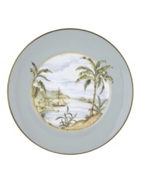 Combining the exotic lushness of the tropics with classic British style, this china collection stirs romantic thoughts of overseas adventures. This accent plate comes in three richly detailed designs--shutter, bamboo or trade winds--and features a hand-painted shore scene. A thin rim of gold lends a brilliantly elegant touch. Combining the exotic lushness of the tropics with classic British style, this china collection stirs romantic thoughts of overseas adventures. This accent plate comes in three richly detailed designs--shutter, bamboo or trade winds--and features a hand-painted shore scene. A thin rim of gold lends a brilliantly elegant touch.