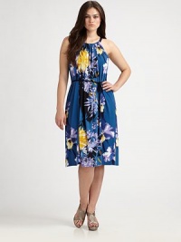 Starting with its grosgrain halter neckline and tropical-flower print, this stretch jersey dress will soon be your favorite. Its self-tie belt will accentuate your waist and create a flawless silhouette. Grosgrain halter necklineSelf-tie beltCord endsHook-and-eye closure at keyhole backAbout 28 from natural waist95% polyester/5% elastaneDry cleanImportedAdditional Information Women's Salon Z Size Guide Starting with its grosgrain halter neckline and tropical-flower print, this stretch jersey dress will soon be your favorite. Its self-tie belt will accentuate your waist and create a flawless silhouette. Grosgrain halter necklineSelf-tie beltCord endsHook-and-eye closure at keyhole backAbout 28 from natural waist95% polyester/5% elastaneDry cleanImportedAdditional Information Women's Salon Z Size Guide