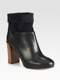 Fine leather, suede and a powerful stacked heel combine in this fold-over silhouette for an edgy-cool vibe. Stacked heel, 3¾ (95mm)Leather and suede upperPull-on styleLeather lining and solePadded insoleMade in Italy Fine leather, suede and a powerful stacked heel combine in this fold-over silhouette for an edgy-cool vibe. Stacked heel, 3¾ (95mm)Leather and suede upperPull-on styleLeather lining and solePadded insoleMade in Italy