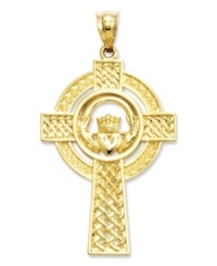 Cherish your faith and your Celtic heritage with this unique Claddagh cross charm. Crafted in 14k gold with an intricate filigree design. Chain not included. Approximate length: 1-2/3 inches. Approximate width: 9/10 inch. Cherish your faith and your Celtic heritage with this unique Claddagh cross charm. Crafted in 14k gold with an intricate filigree design. Chain not included. Approximate length: 1-2/3 inches. Approximate width: 9/10 inch.