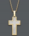The perfect way to express your faith. This stylish men's cross pendant is decorated by double rows of round-cut diamonds (1/4 ct. t.w.). Setting and chain crafted in gold ion-plated stainless steel. Approximate length: 22 inches. Approximate drop: 1-1/2 inches.