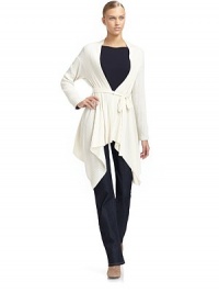 THE LOOKDraped, open frontLong sleevesTie-beltHandkerchief hemBack seamTHE FITAbout 39 from shoulder to hemTHE MATERIAL55% silk/45% cashmereCARE & ORIGINHand washImportedModel shown is 5'11 (180cm) wearing US size S. THE LOOKDraped, open frontLong sleevesTie-beltHandkerchief hemBack seamTHE FITAbout 39 from shoulder to hemTHE MATERIAL55% silk/45% cashmereCARE & ORIGINHand washImportedModel shown is 5'11 (180cm) wearing US size S.