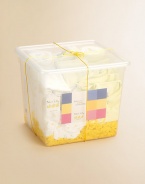 Welcome a little one into the world with a soft, sweet, generous assortment of baby basics, with yellow duckies, slender stripes and complementary dots and checks, all packed in a reusable clear box.