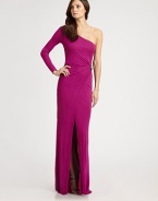 This fluid, floor-length design features an artfully wrapped front accented with an elegant metal detail.Asymmetrical necklineSingle long sleeveFaux wrap front with metal detailFront slitConcealed side zipAbout 52 from natural waistViscoseDry cleanMade in ItalyModel shown is 5'10 (177cm) wearing US size 4. 