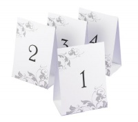 Hortense B. Hewitt Wedding Accessories Tent Style Table Numbers 1 Through 40, Black Ink on White with Gray Flourish Hortense B. Hewitt Wedding Accessories Tent Style Table Numbers 1 Through 40, Black Ink on White with Gray Flourish