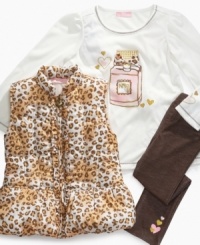 Give your budding fashionista a little glam with this fun sparkly-graphic shirt, legging and animal-print vest 3-piece set from Kids Headquarters. Give your budding fashionista a little glam with this fun sparkly-graphic shirt, legging and animal-print vest 3-piece set from Kids Headquarters.