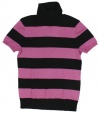 Lauren Ralph Lauren Women's Short-Sleeved Striped Silk Turtleneck Top (Medium, Black/Begonia Pink)