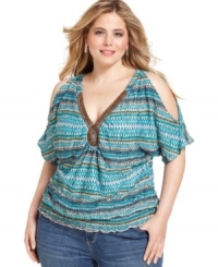 Show off your shoulders with AGB's printed plus size top, accented by a beaded neckline-- finish the look with your go-to jeans! Show off your shoulders with AGB's printed plus size top, accented by a beaded neckline-- finish the look with your go-to jeans!
