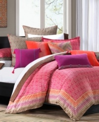 A kaleidoscope of color. Featuring bright, bold hues and geometric patterns inspired by the artistry of Mayan designs, this Echo comforter set makes an exotic statement. Flip the comforter and shams to reveal a gray geo print. Comforter features tackless stitching for clean finish; shams feature overlap closure. A kaleidoscope of color. Featuring bright, bold hues and geometric patterns inspired by the artistry of Mayan designs, this Echo comforter set makes an exotic statement. Flip the comforter and shams to reveal a gray geo print. Comforter features tackless stitching for clean finish; shams feature overlap closure.