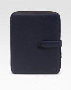 A sleek and compact casing designed in pebbled leather with plush velvet lining to prevent scratching and securely hold your iPad in place. Fits all iPad models Form-fitted construction Zip/button closure Leather/velvet 8W X 10H X ¾D Imported 
