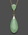 Calm and cool. This peaceful style adds a beautiful pale color palette in solid jade teardrops (8 mm x 11 mm). Setting and chain crafted in 14k gold. Approximate length: 18 inches. Approximate drop: 1-1/4 inches.