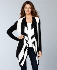 Long and made for layering, INC's cool cascade cardigan works its style magic in bold black and white stripes. Long and made for layering, INC's cool cascade cardigan works its style magic in bold black and white stripes.