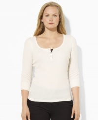 Lauren Ralph Lauren's classic waffle-knit cotton plus size Henley channels modern style with chic three-quarter sleeves. (Clearance) Lauren Ralph Lauren's classic waffle-knit cotton plus size Henley channels modern style with chic three-quarter sleeves. (Clearance)