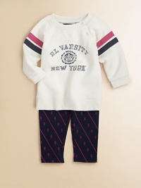 An ultra-comfortable set includes a stylish collegiate-inspired varsity fleece sweatshirt and legging, rendered in a stripe and owl print. Sweatshirt CrewneckLong raglan sleevesFront buttons Leggings Elastic waistband60% cotton/40% polyesterMachine washImported An ultra-comfortable set includes a stylish collegiate-inspired varsity fleece sweatshirt and legging, rendered in a stripe and owl print. Sweatshirt CrewneckLong raglan sleevesFront buttons Leggings Elastic waistband60% cotton/40% polyesterMachine washImported