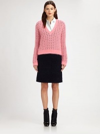 Brightly-hued, butter soft angora, in an open-weave pullover style.Rib-knit V neck, cuffs and hemOpen-weave knit54% wool/37% angora/9% nylonDry cleanMade in Italy of imported fabricModel shown is 5'10 (177cm) wearing US size Small. Brightly-hued, butter soft angora, in an open-weave pullover style.Rib-knit V neck, cuffs and hemOpen-weave knit54% wool/37% angora/9% nylonDry cleanMade in Italy of imported fabricModel shown is 5'10 (177cm) wearing US size Small.