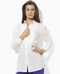 A timeless menswear essential is reinterpreted on Lauren by Ralph Lauren's chic tunic, rendered in lightweight, breathable linen with a vintage-inspired bib front. A timeless menswear essential is reinterpreted on Lauren by Ralph Lauren's chic tunic, rendered in lightweight, breathable linen with a vintage-inspired bib front.