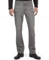 Straight fit solid jeans by Kenneth Cole New York should be part of every man's wardrobe staple. The straight fit style makes it easy to pair with a button front shirt or a favorite t-shirt.
