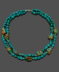 Adorn your neckline with the raw, untouched beauty of turquoise chips (6-7 mm). Double-strand necklace set in 14k gold. Approximate length: 18 inches. Adorn your neckline with the raw, untouched beauty of turquoise chips (6-7 mm). Double-strand necklace set in 14k gold. Approximate length: 18 inches.
