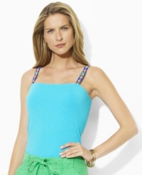Colorful, beaded straps lend earthy glamour to a basic tank top from Lauren by Ralph Lauren, crafted from soft, stretchy cotton jersey for a close, breathable fit. Colorful, beaded straps lend earthy glamour to a basic tank top from Lauren by Ralph Lauren, crafted from soft, stretchy cotton jersey for a close, breathable fit.