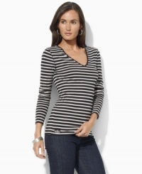 Chic sailor stripes infuse Lauren by Ralph Lauren's classic cotton jersey V-neck with breezy maritime style. Chic sailor stripes infuse Lauren by Ralph Lauren's classic cotton jersey V-neck with breezy maritime style.