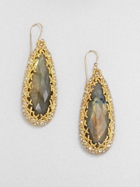 From the Elements Siyabona Collection. The tantalizing iridescence of faceted labradorite teardrops, elegantly framed by a spikey golden setting accented with Swarovski crystals.LabradoriteCrystalGoldtoneDrop, about 2.25Ear wireMade in USA From the Elements Siyabona Collection. The tantalizing iridescence of faceted labradorite teardrops, elegantly framed by a spikey golden setting accented with Swarovski crystals.LabradoriteCrystalGoldtoneDrop, about 2.25Ear wireMade in USA