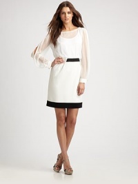 Impeccably designed, this dress features a feminine neckline, sheer details and contrasting trim.BoatneckSheer, cold-shoulder sleevesContrast trimBack zipperAbout 22 from natural waistSilk; skirt: 76% triacetate/21% polyester/3% polyurethaneDry cleanImported Model shown is 5'10 (177cm) wearing US size 4. Impeccably designed, this dress features a feminine neckline, sheer details and contrasting trim.BoatneckSheer, cold-shoulder sleevesContrast trimBack zipperAbout 22 from natural waistSilk; skirt: 76% triacetate/21% polyester/3% polyurethaneDry cleanImported Model shown is 5'10 (177cm) wearing US size 4.
