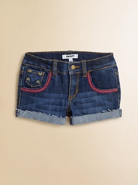 Classic jean shorts get an eye-catching update with colorful embroidery, studded details and slightly distressed, cuffed hem.Button closureWaistband with belt loopsZip flyFive-pocket styleSlightly distressed, cuffed hem68% cotton//31% polyester/1% spandexMachine washImported Classic jean shorts get an eye-catching update with colorful embroidery, studded details and slightly distressed, cuffed hem.Button closureWaistband with belt loopsZip flyFive-pocket styleSlightly distressed, cuffed hem68% cotton//31% polyester/1% spandexMachine washImported