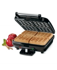 Turn your kitchen into a European café with the warm, sweet scent of fresh Belgian waffles! Cuisinart's 4-slice square waffle iron produces delicious results in minutes. Nonstick baking plates sit within a sleek, handsome stainless steel housing. A five-setting browning ensures waffles come out just right, every time. Three-year limited warranty. Model WAF-100. Turn your kitchen into a European café with the warm, sweet scent of fresh Belgian waffles! Cuisinart's 4-slice square waffle iron produces delicious results in minutes. Nonstick baking plates sit within a sleek, handsome stainless steel housing. A five-setting browning ensures waffles come out just right, every time. Three-year limited warranty. Model WAF-100.