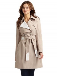 THE LOOKColorblocked notch lapelFront gun flapsDouble breasted button closureLong sleeves Self-tie colorblocked belt Side besom pocketsBack gun flapVented back hemTHE FITAbout 36 from shoulder to hemTHE MATERIAL57% cotton/43% polyesterFully linedCARE & ORIGINMachine washImportedModel shown is 5'10 (177cm) wearing US size Small. THE LOOKColorblocked notch lapelFront gun flapsDouble breasted button closureLong sleeves Self-tie colorblocked belt Side besom pocketsBack gun flapVented back hemTHE FITAbout 36 from shoulder to hemTHE MATERIAL57% cotton/43% polyesterFully linedCARE & ORIGINMachine washImportedModel shown is 5'10 (177cm) wearing US size Small.