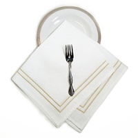 Classic and crisp white 100% cotton table linen with double banded barrata stitch. It compliments any patterned dinnerware for formal entertaining. Classic and crisp white 100% cotton table linen with double banded barrata stitch. It compliments any patterned dinnerware for formal entertaining.