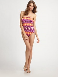 Big, bold color creates an eye-catching backdrop for this ultra-feminine, ultra-chic swim style. Ruffled bandeau topSupportive shelf braDrawstring waistFully lined80% nylon/20% spandexHand washMade in USA of Italian fabric Big, bold color creates an eye-catching backdrop for this ultra-feminine, ultra-chic swim style. Ruffled bandeau topSupportive shelf braDrawstring waistFully lined80% nylon/20% spandexHand washMade in USA of Italian fabric