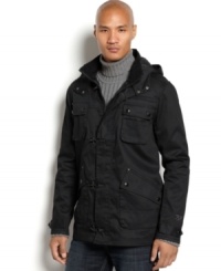 This sleek jacket from Marc Ecko Cut & Sew has classic toggle closure and plenty of pockets to store all your swag. This sleek jacket from Marc Ecko Cut & Sew has classic toggle closure and plenty of pockets to store all your swag.