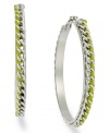Flaunt the bold, exotic colors of Brasil. Green ribbon serves as the focal point of these FALCHI by Falchi braided hoops in silver tone mixed metal. Approximate diameter: 2-1/2 inches.