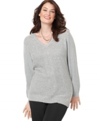 Plus size fashion for a divine look that will make you shine. This long sleeve tunic sweater from Charter Club's collection of plus size clothes is highlighted by a metallic finish. Plus size fashion for a divine look that will make you shine. This long sleeve tunic sweater from Charter Club's collection of plus size clothes is highlighted by a metallic finish.