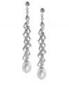 Elegance, with a twist. Earrings crafted from sterling silver dazzle with cultured freshwater pearls (9-9-1/2 inches) only enhancing the look. Approximate drop length: 2-1/2 inches. Approximate drop width: 1/3 inch.