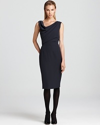 Make a modern cocktail statement upon entry and exit in this Armani Collezioni dress, flaunting an asymmetric cowl neck and draped cowl back. The refined look is ravishing with a small box clutch and glossy heels. Make a modern cocktail statement upon entry and exit in this Armani Collezioni dress, flaunting an asymmetric cowl neck and draped cowl back. The refined look is ravishing with a small box clutch and glossy heels.