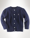 Ralph Lauren Childrenswear cable cardigan sweater. An essential long-sleeved cardigan in signature cabled cotton. Six-button placket. Ribbed neck, placket, cuffs and hem. Signature embroidered pony accents the chest.