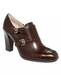 A duo of slim straps are topped with elegant buckles across the vamp of Marc Fisher's Sauce booties. A side zipper fastens things up tight. A duo of slim straps are topped with elegant buckles across the vamp of Marc Fisher's Sauce booties. A side zipper fastens things up tight.