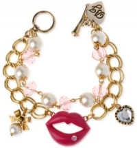 Betsey Johnson Antique Gold-Tone Glass Pearl Lips Charm Bracelet