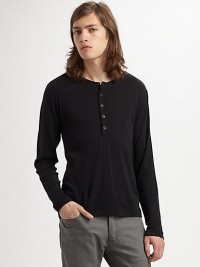 An instant favorite in supremely soft cotton blend, touched with modal's silkiness and wool's substance. Henley button placket 50% cotton/30% modal/20% wool Dry clean Imported An instant favorite in supremely soft cotton blend, touched with modal's silkiness and wool's substance. Henley button placket 50% cotton/30% modal/20% wool Dry clean Imported