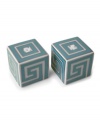 Dress up your table any day of the week with dishwasher-safe and fabulously stylish Greek Key salt and pepper shakers. Jonathan Adler gives the ancient pattern a bold, modern feel in teal blue, bright white and shimmering platinum.
