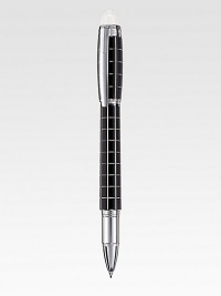 Smooth Fineliner with spring mechanism at tip, accented by diamond-cut lines and barrel and cap made of precious metal and rubber.FinelinerUses Fineliner and Rollerball refillsPlatinum-plated clipEmbossed logo emblemMetal and rubberAbout 5½ longMade in Germany