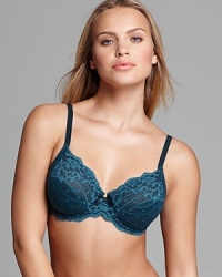 A delicate lace bra with 3-part cup underwire that offers extra support. Foam padded underwire provides extra comfort. Adjustable straps and bow detail at front. Hook and eye closure. Transversal seam for a round silhouette. Up to an H cup. Style #3281