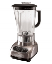 With sleek lines and smooth operation, this blender is always in the mix. Classically styled with a gleaming die-cast metal base, this blender uses a patented stainless steel blade to spin soups, smoothies and more to perfect consistency. One-year total replacement warranty. Model KSB580. With sleek lines and smooth operation, this blender is always in the mix. Classically styled with a gleaming die-cast metal base, this blender uses a patented stainless steel blade to spin soups, smoothies and more to perfect consistency. One-year total replacement warranty. Model KSB580.