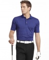 With moisture wicking technology and UV protection, this striped Izod golf polo looks and feels good on the green.