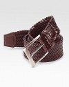 EXCLUSIVELY OURS. Richly textured design made of supple woven leather.Metal buckleSingle keeperAbout 1¼ wideImported